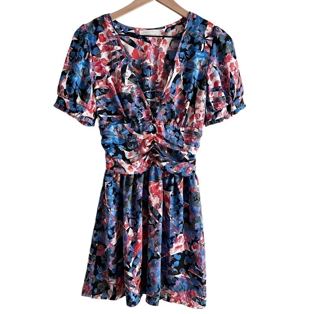 Urban Outfitters Emmy Ruched Floral Mini Dress in Blue and‎ Red, Size Small